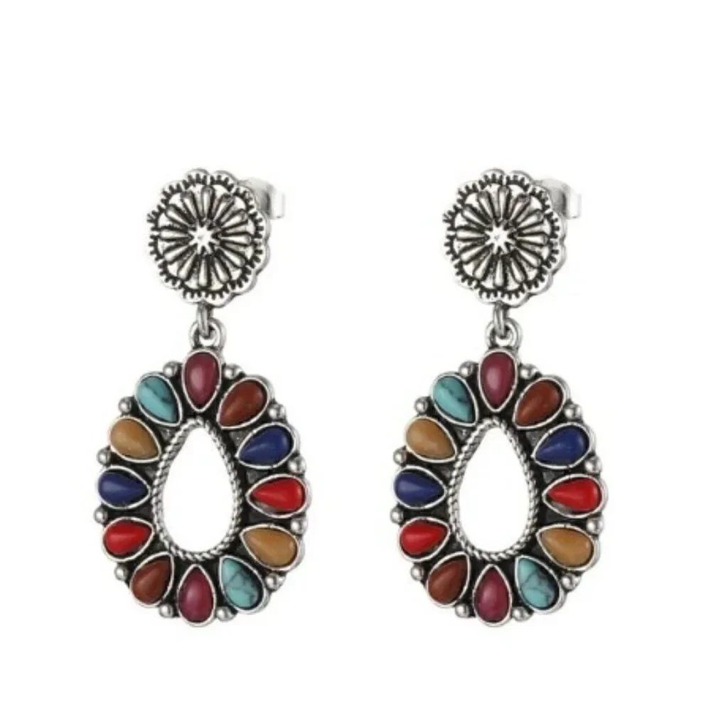 MULTICOLORED SILVER SANTA FE STYLE WATER DROP EARRINGS